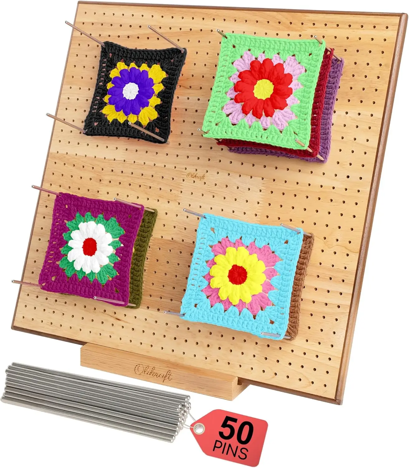 

15-дюймовая доска для вязания крючком с 50 булавками — идеально подходит для гранитных квадратов и пряжек, прочная деревянная и фетровая подложка