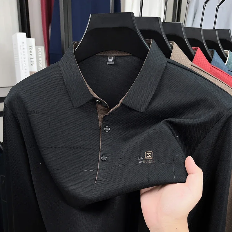 

Качественная роскошная мужская рубашка-поло с лацканами и длинным рукавом, осеннее новое поступление, изысканный дизайн с логотипом на груди, модная мужская одежда