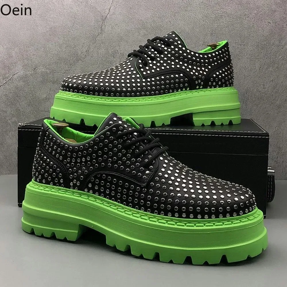 

Mens Rivet Studed Round Toe Wingtips Platform Chunky Heel Lace Up Casual Leather Shoes British Styles New 2025