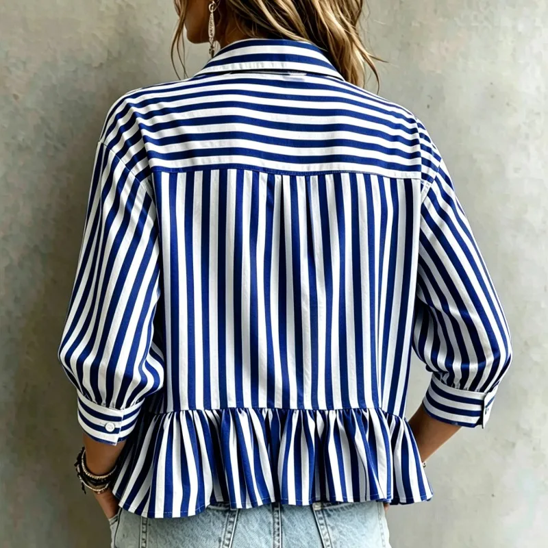 New Contrasting Color Striped Shirt for Women Three-quarter Sleeve Ruffled Top Short High-waisted Shirt That Shows Proportion