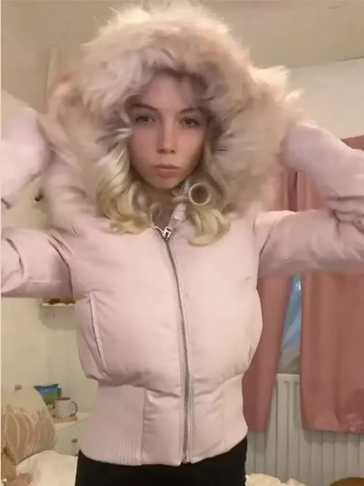 Bsay gola de pele com capuz zíper jaqueta de algodão para mulheres moda outono inverno novo manga comprida casacos curtos chiques senhoras topos mujer