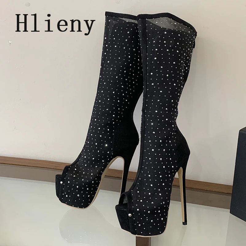 Hlieny Design Sexy Platform Peep Toe Mesh Hollow Out Knee High Boots Women Zipper Thin High Heels Shoes Zapatos De Mujer
