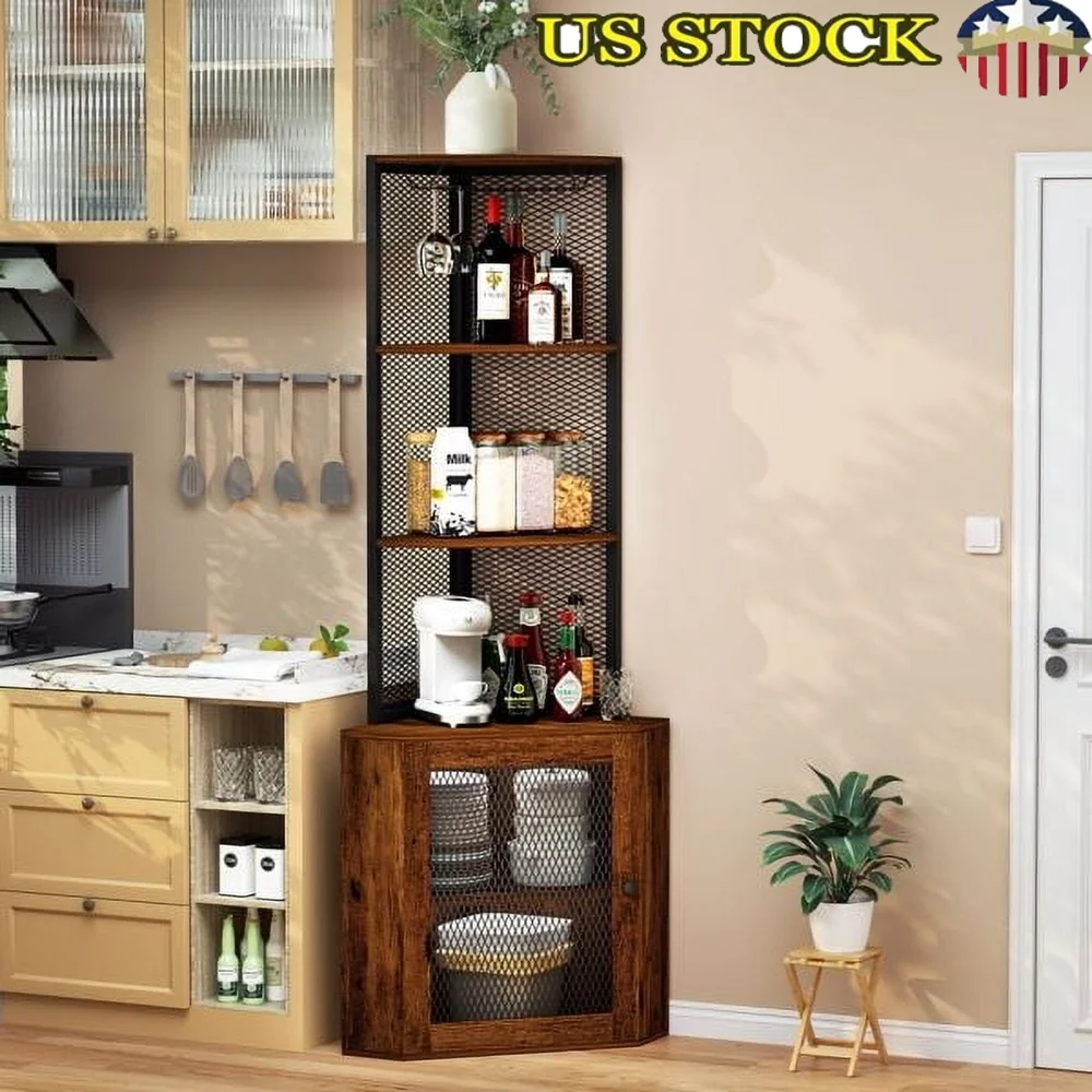 

Corner Shelf with Doors 65 Inch Freestanding Corner Cabinet Wine Glass Rack 6 Tier Storage Display Kitchen Living Room