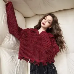 Pullover Hooded Knitted Sweater Short Women'S Retro Loose Niche Design Harajuku Elegant Burgundy Long-Sleeved Top