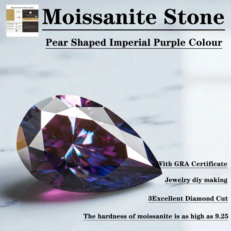 

Moissanite Stone Pear Shaped Imperial Purple Color with GRA Certificate, Ideal for Jewelry DIY Making, 3EX Diamond Cut, Hardness