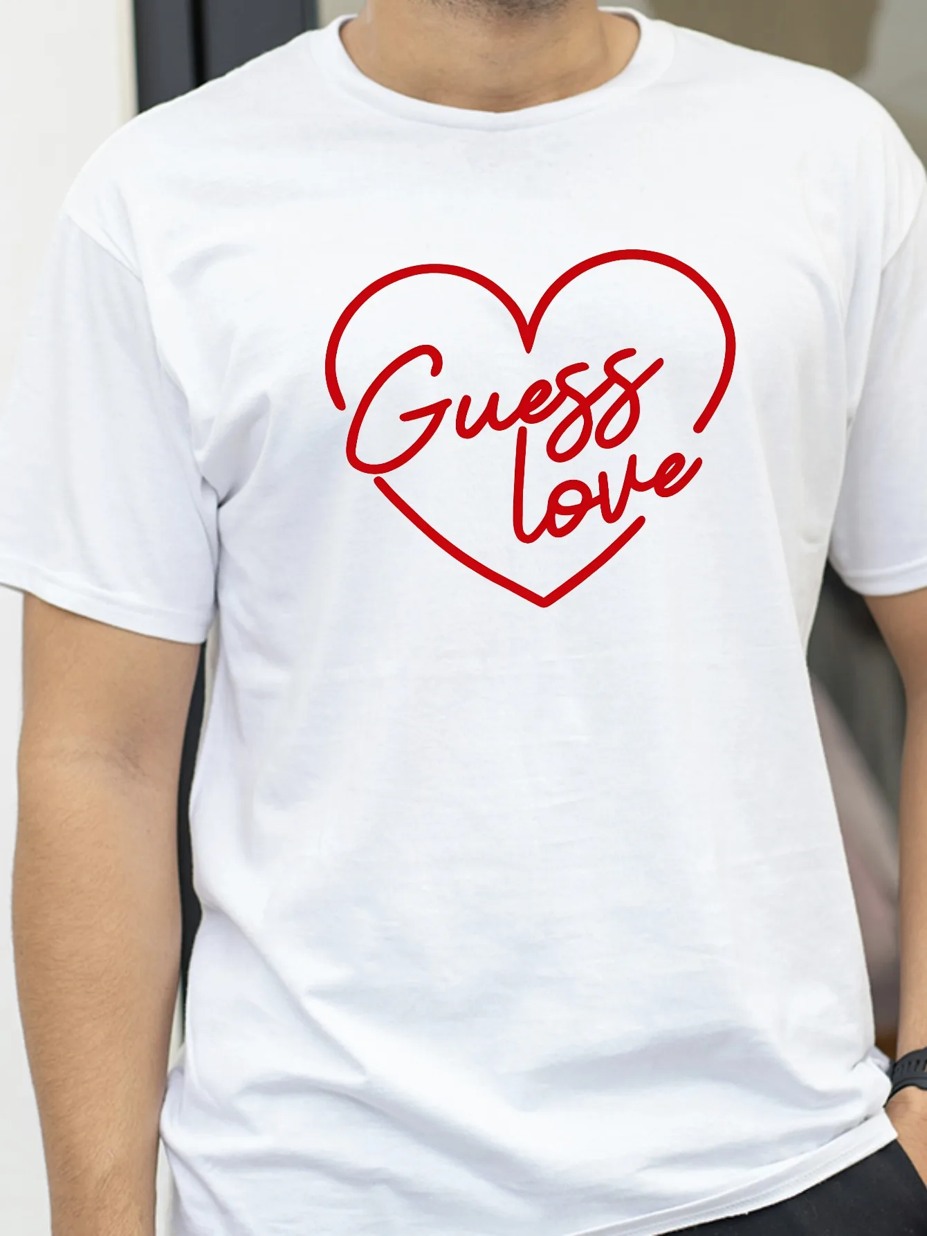 

Red Heart Guess Love Printed T-Shirt Women Couple Casual Short Sleeve Round Neck New Tee