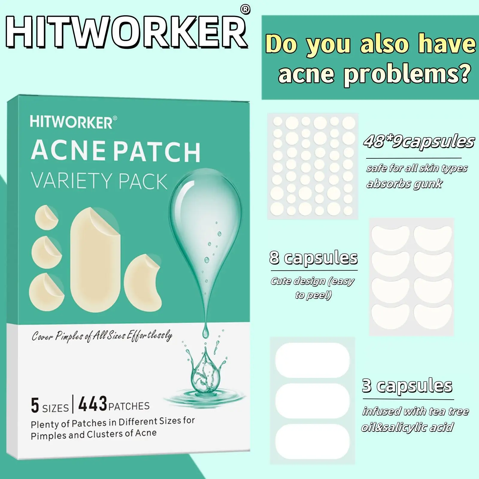 443 قطعة من رقعة حب الشباب الجلية المائية - يزيل حب الشباب في الوجه، ويهدئ ويشفى البشرة، وأحجام متعددة من رقع حب الشباب كبيرة الحجم