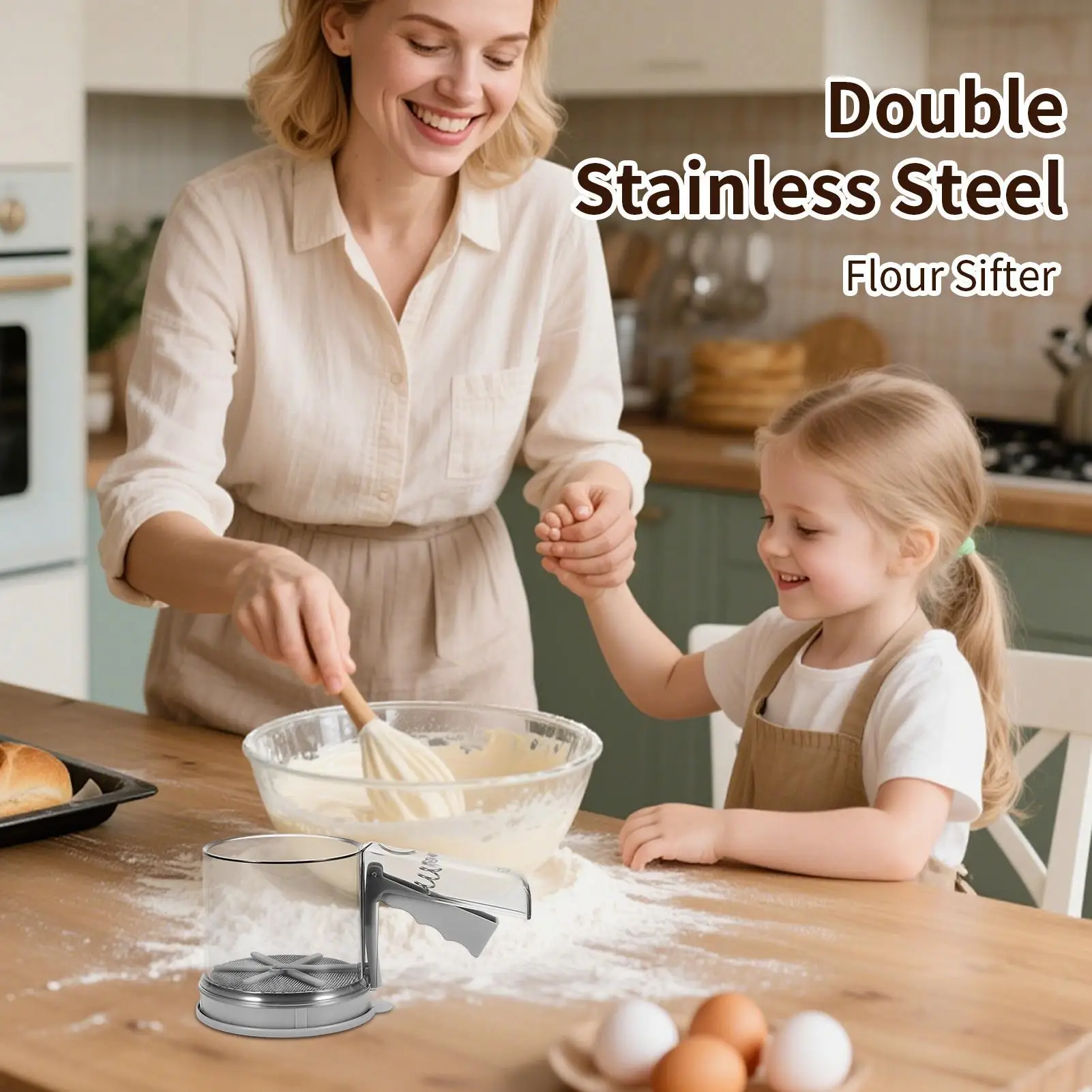 Sifter For Baking Stainless Steel Hand Press Crank Sifter Double Layer Semi-Automatic Sieve Duster For Restaurant Home Sugar