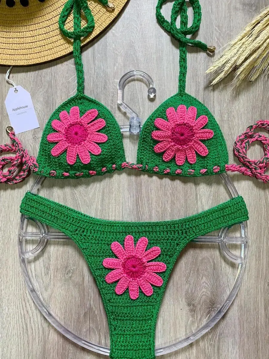 Kobiety stroje kąpielowe zestawy mikrobikini Sexy kwiat Mujer szydełka strój kąpielowy regulowany kubek stroje kąpielowe Maillot De Bain Femme strój