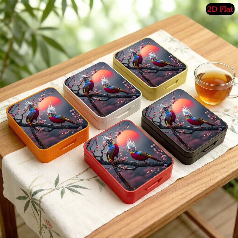 Golden Pheasants at Sunset Theme Decorative Tinplate Flip Top Box, Portable UV Printed Custom Photo Tin Box