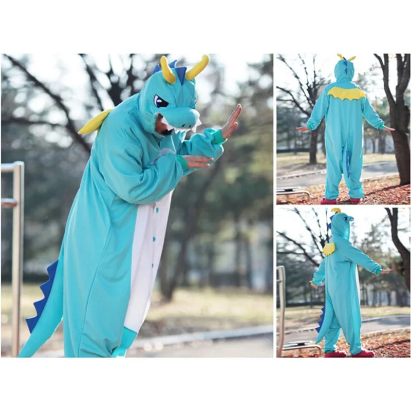 大人のためのonesieアニマルパジャマ、青と黄色のドラゴン恐竜、コスプレコスチューム