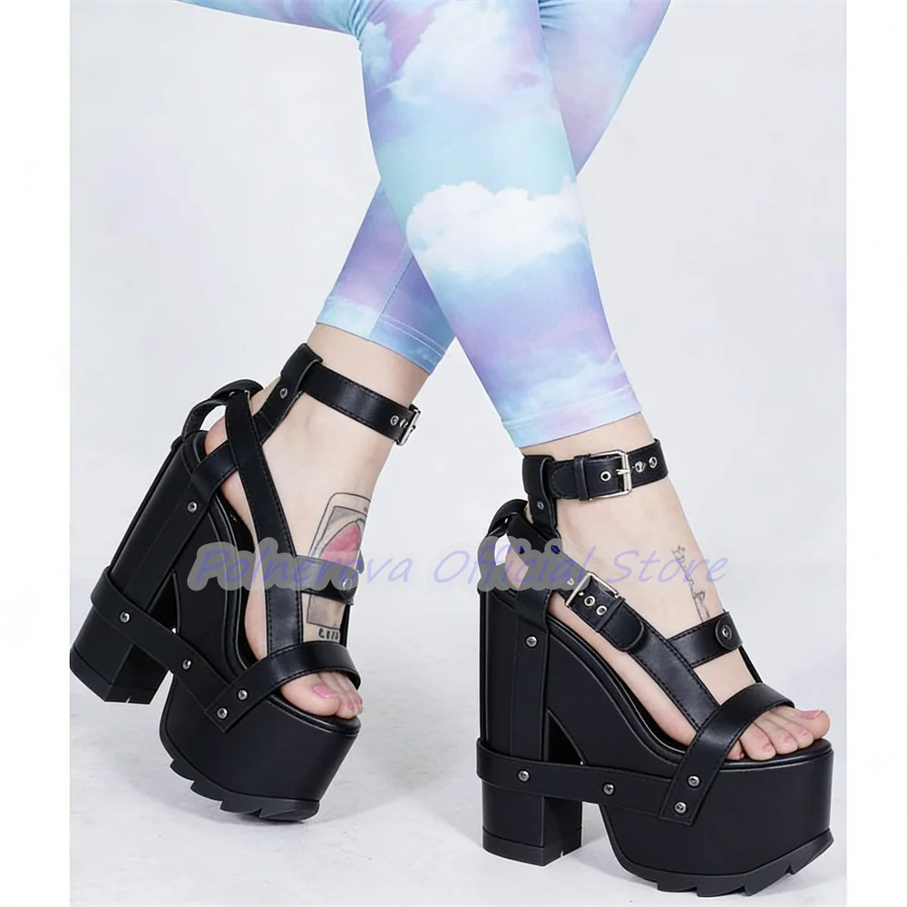 Lolita Style Chunky Platform High Heel Women Sandals Punk Rivet Colorful Buckle Strap Gladiator Shoes Cosplay Party Dress Shoes