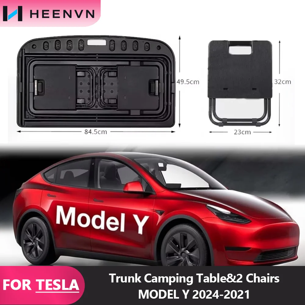 HEENVN Tragbares Camping-Board für den Kofferraum, passend für Tesla Model Y 2021-2024, mit 2 klappbaren Stühlen, praktischer Picknicktisch für Outdoor-Reisen