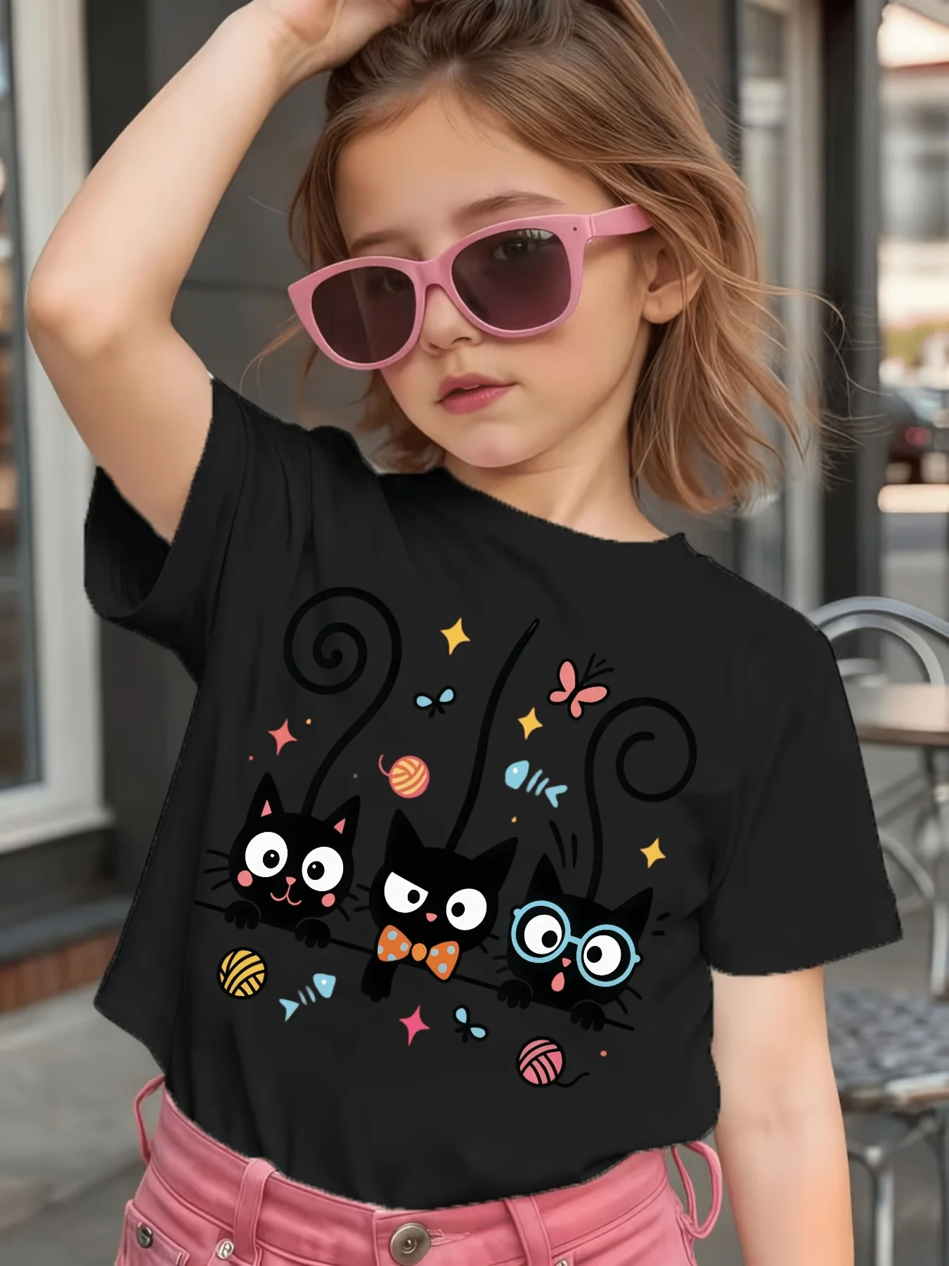 Three Black Kittens Yarn Butterfly Print Kids T Shirt Boys Girls Family Matching Cotton Short Sleeve Casual Tees For Toddler Kid