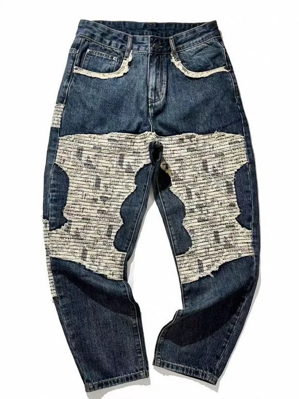 

Retro Washed Loose Fit Men's Jeans Distressed Patchwork Straight Leg Cone Pants Casual Youthful Style Four Seasons Wear