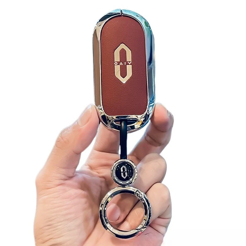 Premium Zinc Alloy Leather Key Cover Case for AITO M7/M5 - Protective Leather-Metal Shell Key Bag Chain