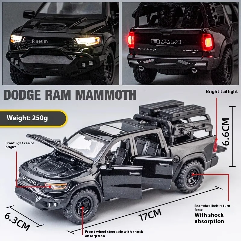 DODGE Mammoth-camioneta de aleación modelo 1000 TRX, vehículo todoterreno de Metal fundido a presión, simulación de sonido y luz, juguete de regalo para niños, 1:32