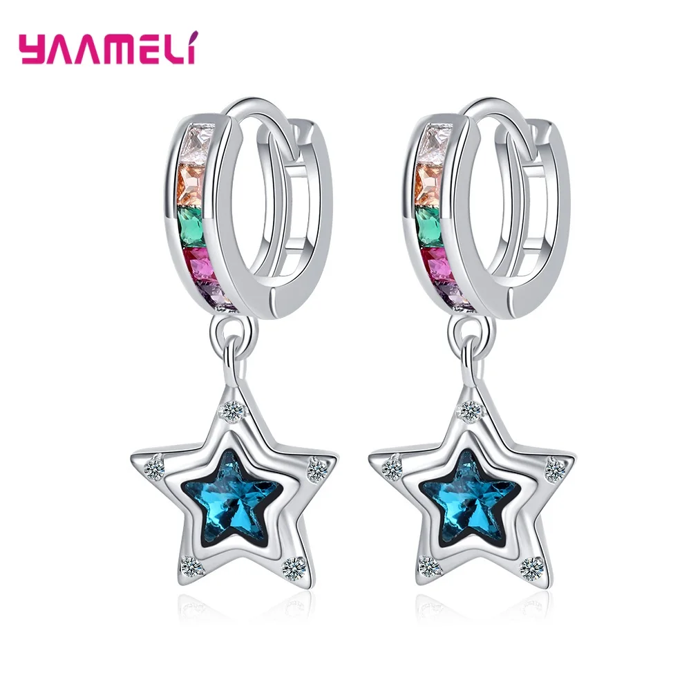 925 Sterling Silver Jewelry Shiny Cubic Zircon Rhinestone Earrings Blue Star Stylish New Fashion Women Girls Party Accessory