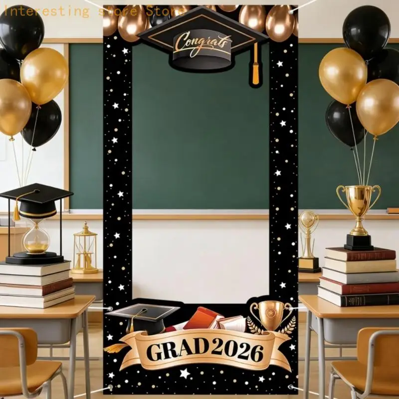 2026 Abschluss-Hintergrund, Schwarz-Gold-Design für Fotokabinen und Partydekorationen 55KC – Detail 8