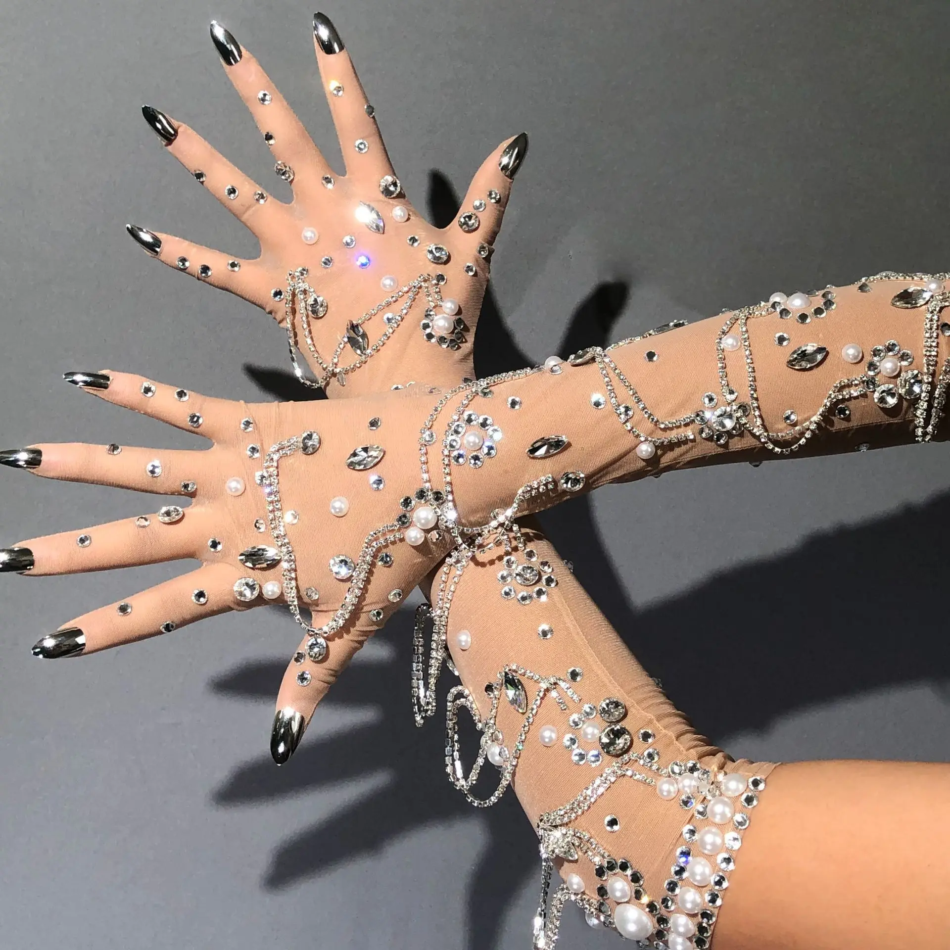 

Luxurious Lace Sexy Gloves Stage Dance Stage Performance Arm Sleeves Female Flash Drilling Rhinestone full Finger Gloves crystal