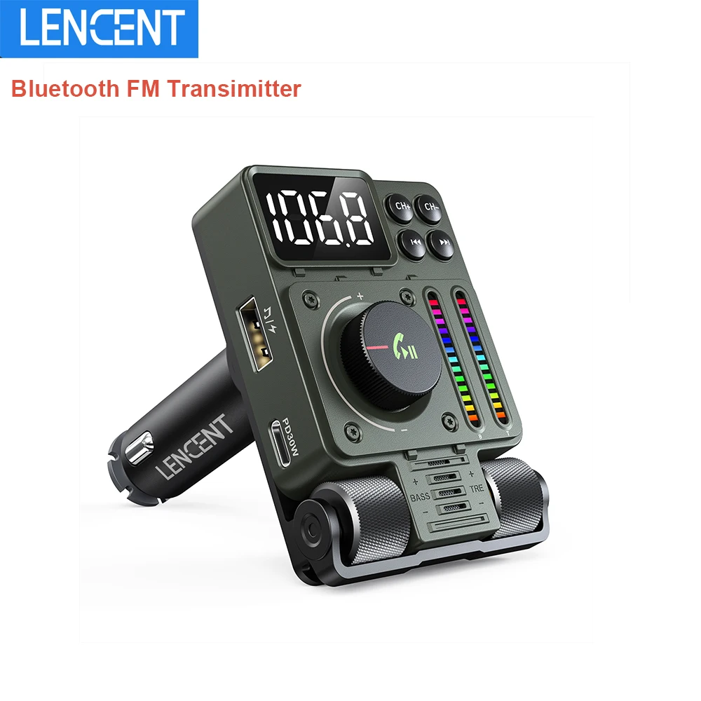 Lencent Fm Bluetooth 5.3 Zender Voor Auto Verstelbare Treble En Basgeluid Muziekspeler Ondersteunt Pd 30W Snelladen Carset