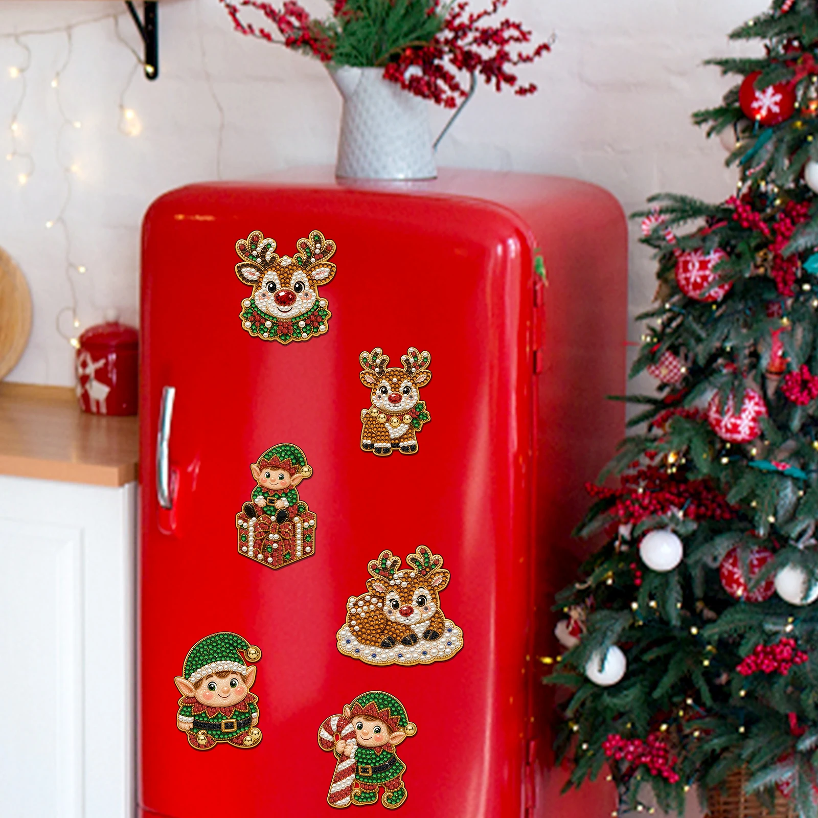 6 Pcs Christmas Diamond Art Magnets Christmas Diamond Painting Magnets Refrigerator Paint Snowman Santa Claus Deer Art Decals