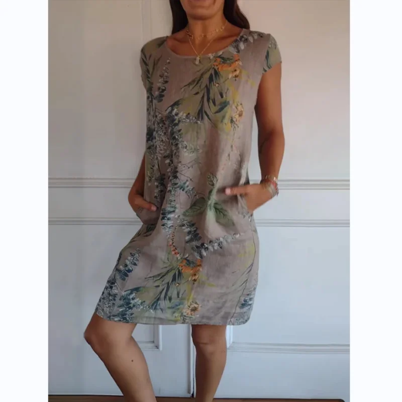 Robe à imprimé botanique pour femme, col rond, manches courtes, poche de vacances à la mode