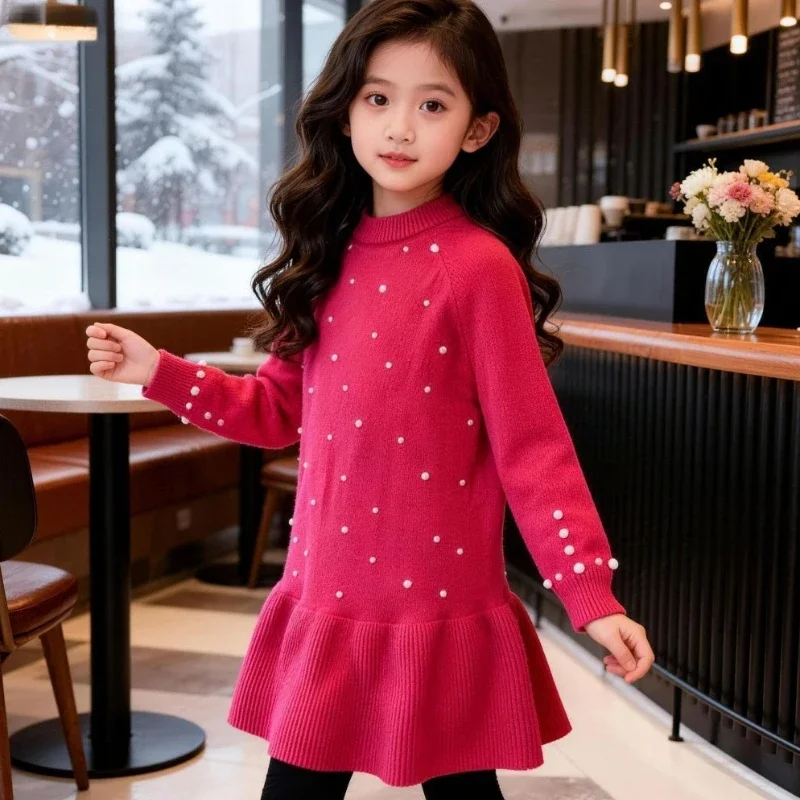 Girls Beaded Knit Dress Thick Winter Dress Warm Autumn Sweater Dress Kids Fashion Clothing