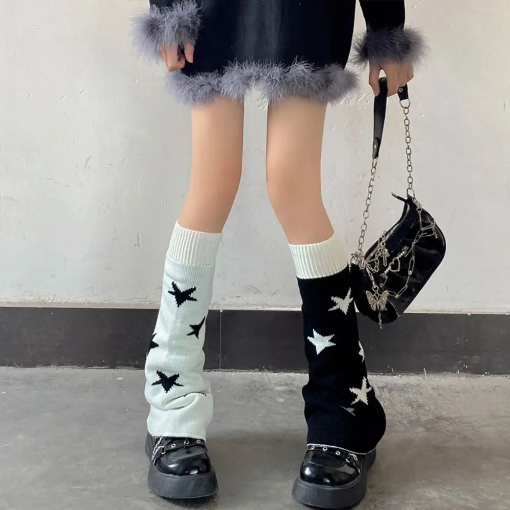 Asymmetric Knit Leg Warmers Double-sided Lolita Style Slouch Boot Cuffs Stacked Fit Five-Point Star Pattern