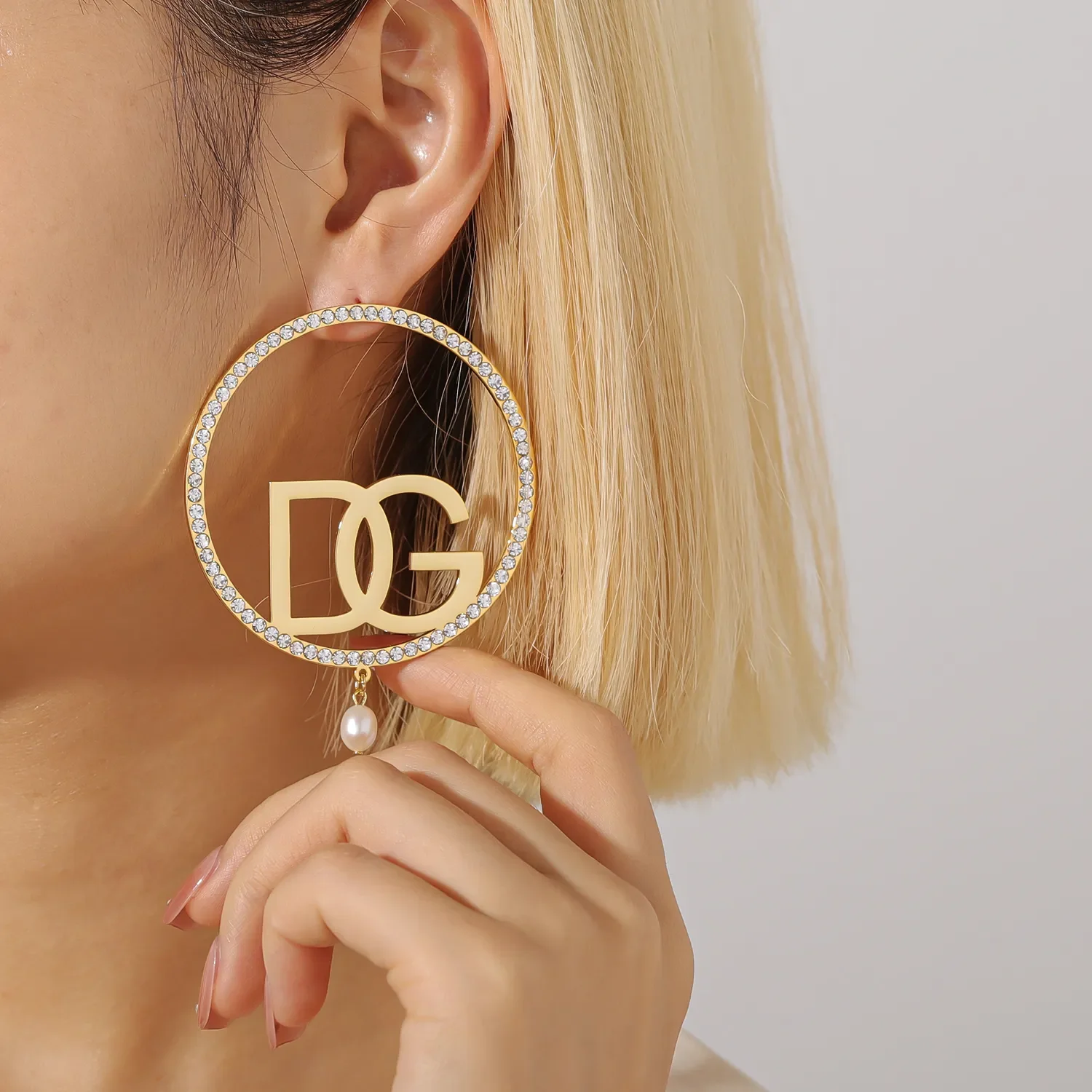 Custom Initials Iced Hoop Earrings with Freshwater Pearl Stainless Steel Earrings Women Personalized Name jewelry with Pearl