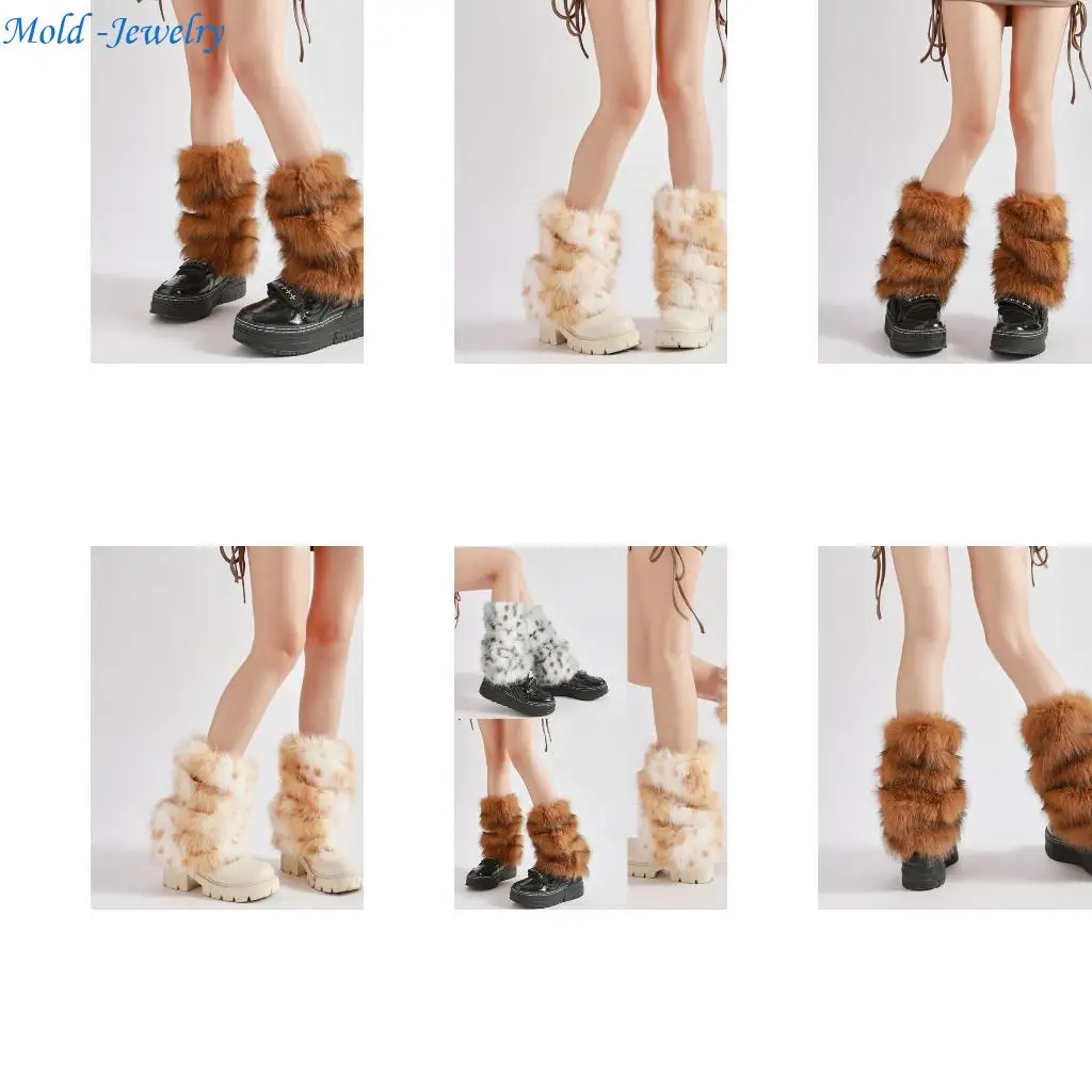 

69HB Animal Dots Furry Leg Warmers for Women Thermal Warm Plush Boot Covers Socks