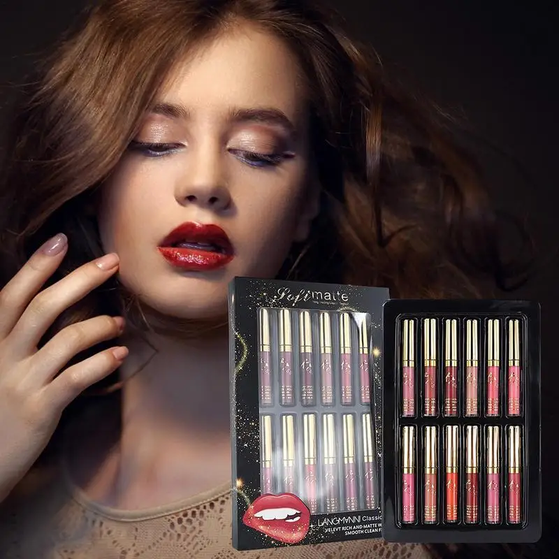 Lápiz de labios de terciopelo nutritivo impermeable para mujer, tinte rojo desnudo, conjunto de maquillaje de labios de moda con caja, envío directo, 12 unidades por lote