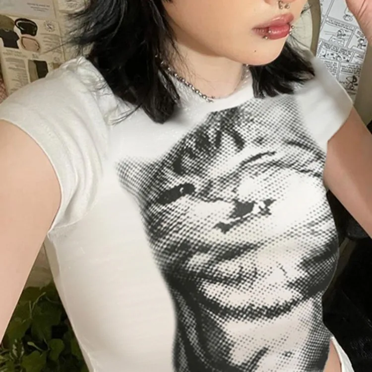 Street Cute Cat Print O-neck Short Sleeve Tops Mujer 2024 Summer New T-shirt for Women Y2k Slim Fit White Blusas