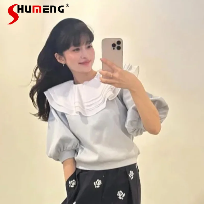 

Japanese Rojita Ruffled Lapel Short Sleeves Sweatshirt Women's Sweet Cute Loose Cropped Top Y2k Clothes Beautiful Hoodies Coat