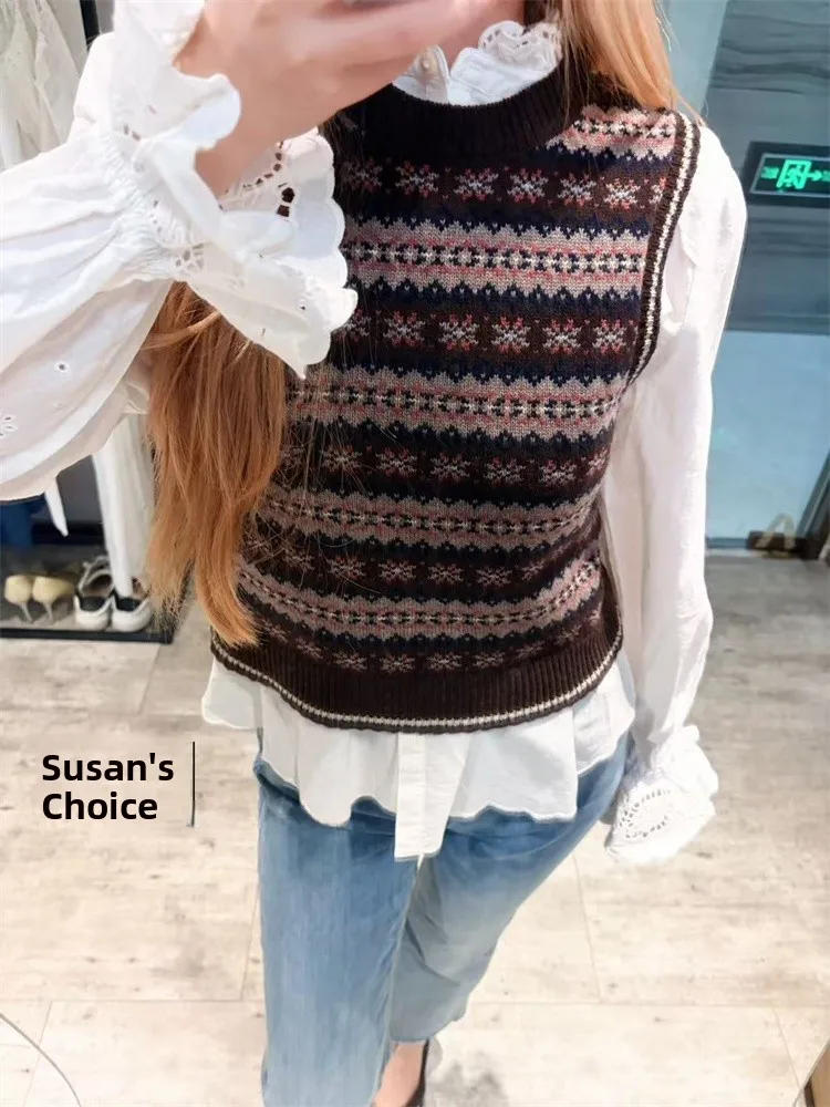 

Susan Knitted Vest Women's round Ne Svel Camere Fair Isle Vintage Sle Warmth Casual Faion Summer Top
