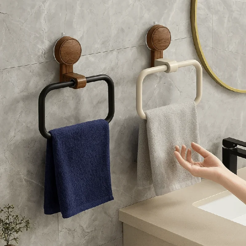 Walnut Suction Cup Towel Ring, No-Drill Wall Mount Round Towel Holder for Bathroom, Rustproof Wood Towel Bar view 2
