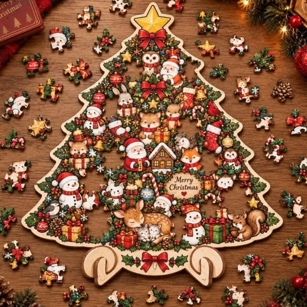 Wood Christmas Keepsake Puzzle With Display Stand Gingerbread Man Shape Jigsaw Puzzle Christmas Tree Shape