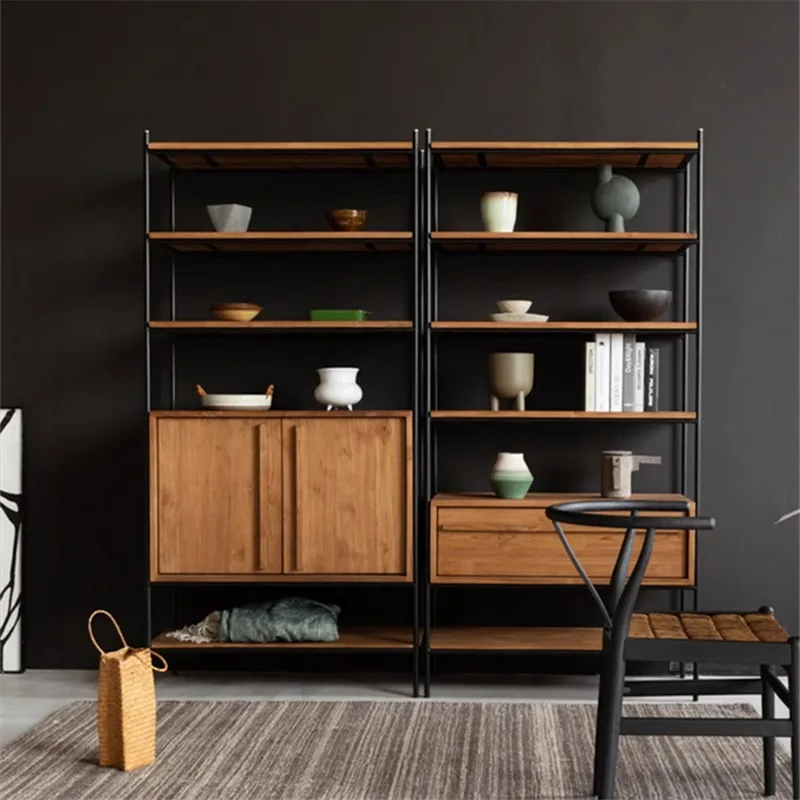 American solid wood bookcase bookshelf floor-to-ceiling multi-layer shelf wrought iron locker