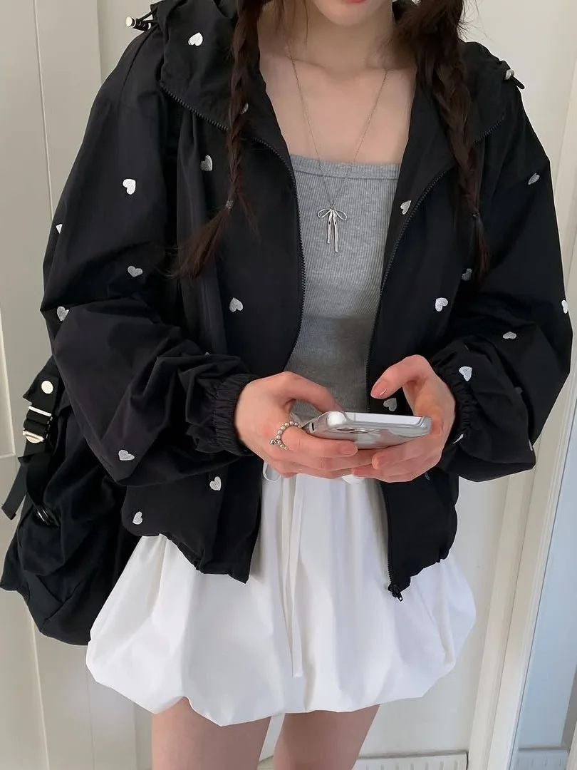 

Korean Sle Sweet Heart Embroidered Women's Outerwear Summer New Arrival Anti-Uv ort Coat Faionable Zipper Closure Top
