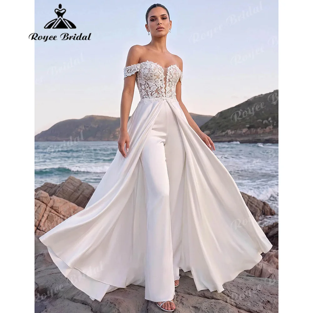 2027 Off‑The‑Shoulder Satin Wedding Jumpsuit A‑Line Over Skirt Lace Applique Bodice Deep V Illusion Bridal Pant Suit Customized