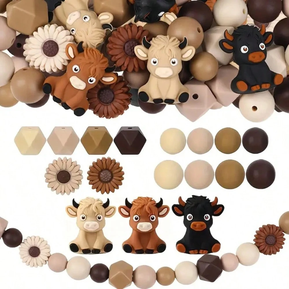 25/34/75PCS 3D Highland Cow und Daisy Silikonperlen-Set, modisches Tier, Blumenform, DIY-Schmuckherstellungsmaterial – Detail 1