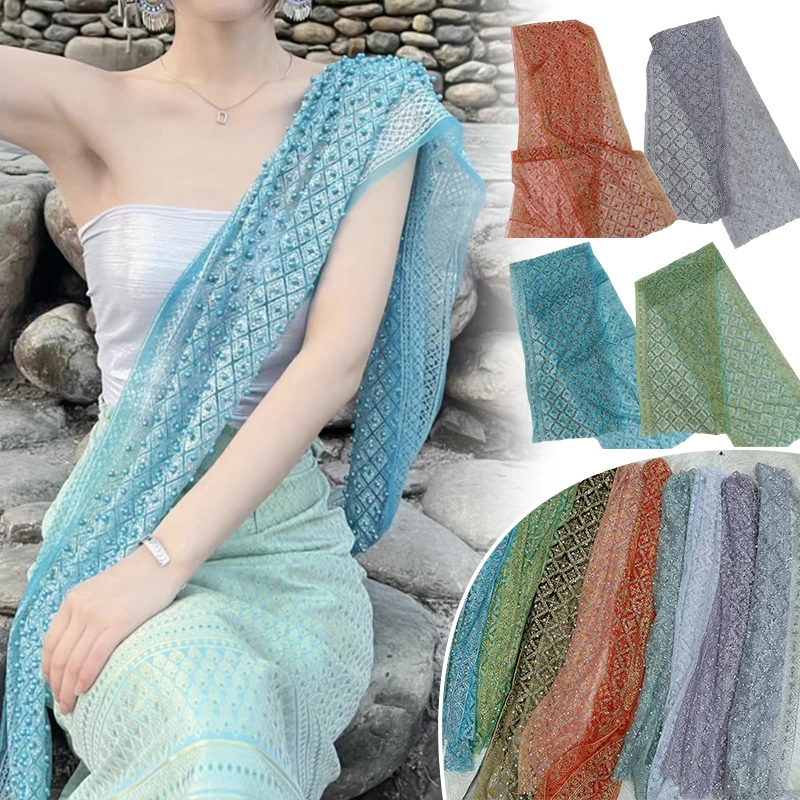 Dai Women's Shawl Thailand Beads Lace Shawl Glitter Scarf Mesh Wrap Cape Dai Ethnic Summer Sunscreen Beach Holiday Costumes