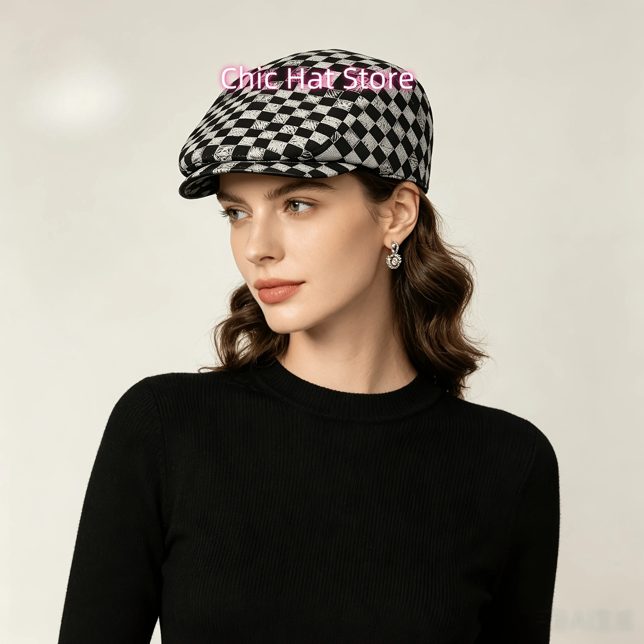 1pc Men's & Women's Black & White Checkered All-Over Print Flat-Top Hat - Retro Newsboy, Beret, Irish Driver with Metal Buckle C