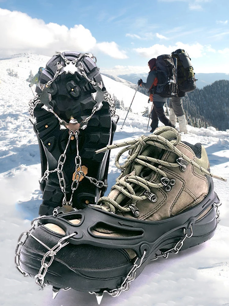 19 Teeth Climbing Crampons Anti-Slip Winter Ice Claws with Grips Chain Spike Stainless Steel Unisex Walking Hiking Accessories