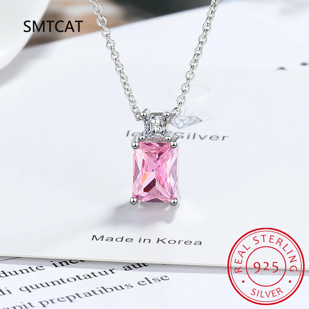 Emerald Cut Created Pink Sapphire 925 Sterling Silver Pendant Necklace for Women Fashion Statement Gemstone Jewelry Choker