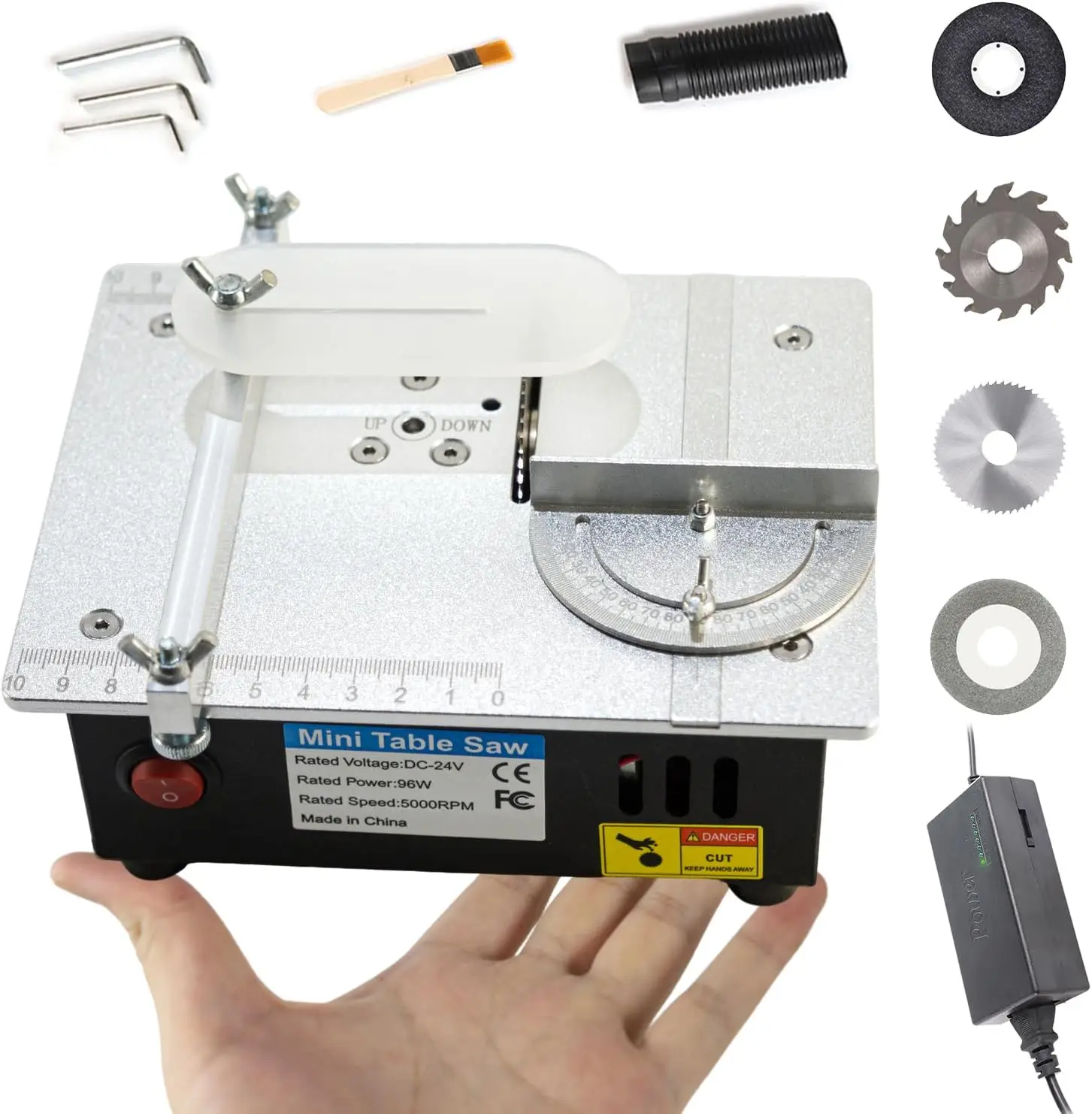 

Mini Table Saw, 96W Desktop Electric Cutter with Adjustable Speed & Angle, 4 Blades for Wood/PCB/Acrylic/Plastic
