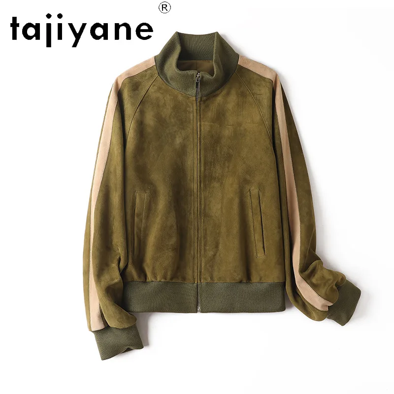 TAJIYANE Genuine Leather Jacket Women Outerwear Vintage Suede Goatskin Leather Coat Baseball Jackets Knit Stand Collar Jaqueta