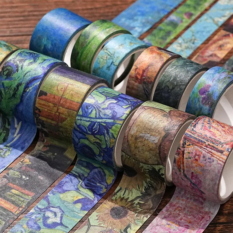 صندوق مكون من 32 لفة من لوحة زيتية فان جوخ السماء المرصعة بالنجوم اشي مجموعة شريط هدية صندوق ريترو ملصقات مخططة فنية ملونة ملصقات شريط المواد الزخرفية