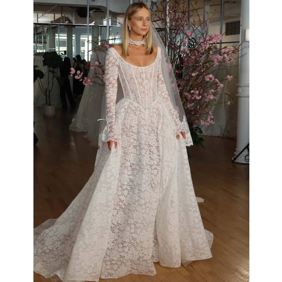 

Scoop Neck Retro Wedding Dresses Exquisite Long Sleeve Lace Vestido de Novia Open Back Formal Eveing Dress Vestidos Customized