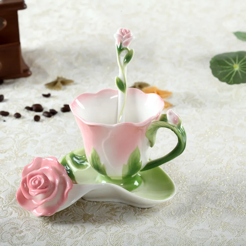 Chinese Colorful Ceramic Coffee Cup Saucer Enamel Flower Mug Wedding Gift Creative Afternoon Camellia Tea Cup Breakfast Milk Mug